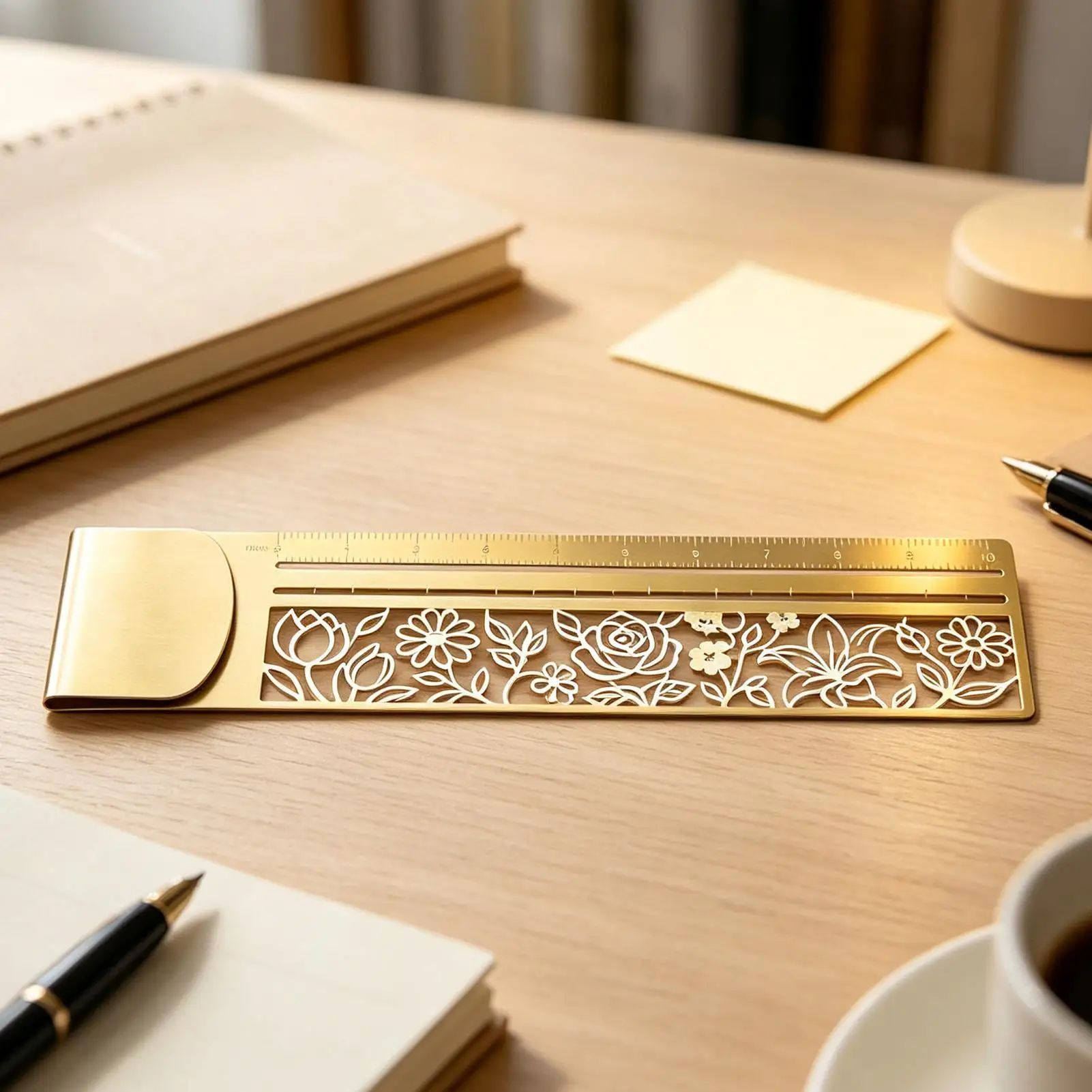 Brass Bookmark Ruler 2 In 1 Metal Measuring Ruler with Floral Doodle Stencil Template for Journaling Notebook Drawing and Notes