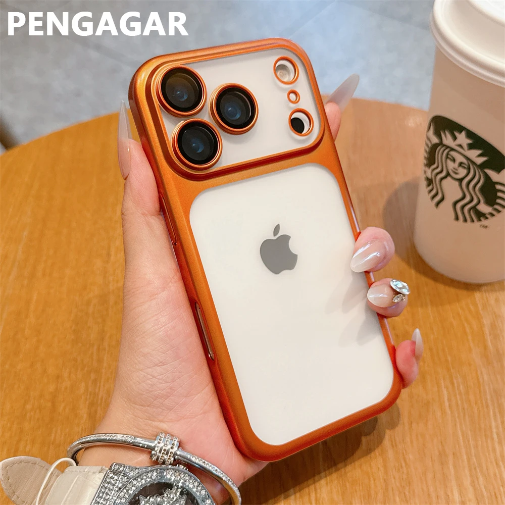 เคสโทรศัพท์ iPhone 17 Pro Max แบบหรูหรา โปร่งแสงด้าน ป้องกันเลนส์เต็มรูปแบบ กรอบสีเมทัลลิก ฝาหลังแบบเกราะ