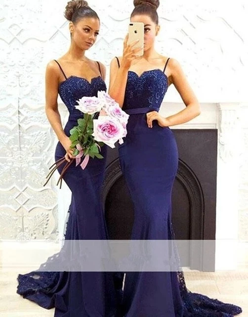 

ANGELSBRIDEP Navy Blue Mermaid Bridesmaid Dresses Spaghetti Straps Beading Formal Evening Party Gown Wedding Guest Corset