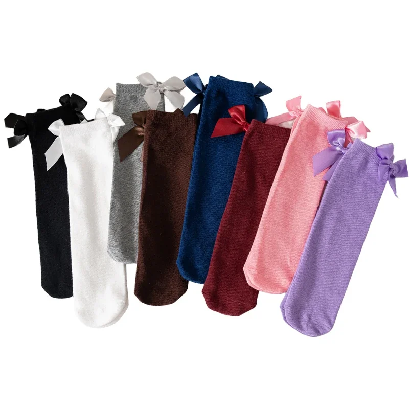 Spring Autumn Lolita Bow  Girl's Mid Tube Socks Korean Version Princess Little Girl Student Solid Color Long Tube Dance Socks