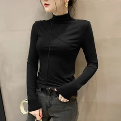 Spring Autumn Women's Clothing Solid Color Pullover Long Sleeve Comfortable Half High Collar T-shirt Fashionable Casual Top