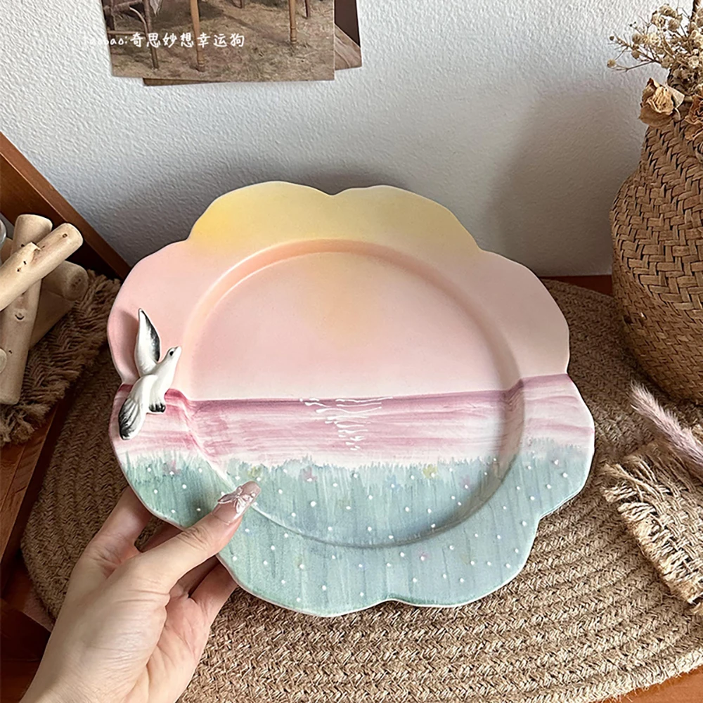 Creative Ceramic Plate 3D Dove Decoration Sunset Sea View Pattern Porcelain Plates Home Dessert Fruit Serving Plate Tableware