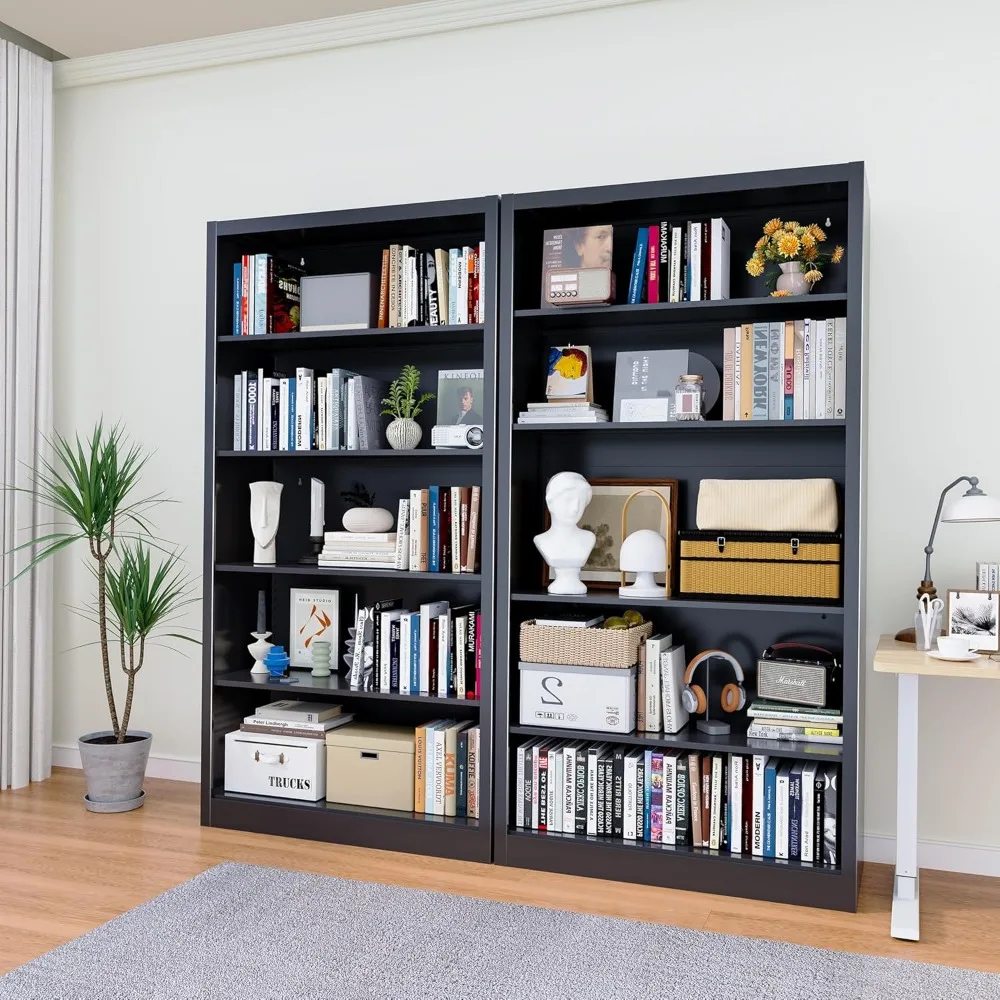 خزانة كتب معدنية ذات 5 أرفف على الطراز الصناعي، 14 عميقة للكتب والديكور والأقراص المضغوطة والأفلام ورف كتب حديث قابل للتعديل بطول 66 طويلًا