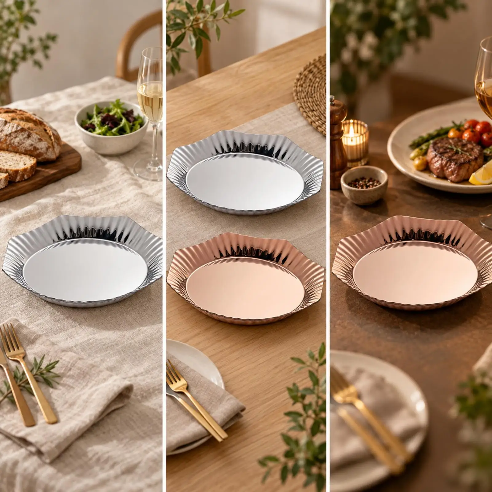 Premium Stainless Steel Baroque Plate with Fluted Raised Rim for Restaurant Quality Food Presentation at Home Parties and Events