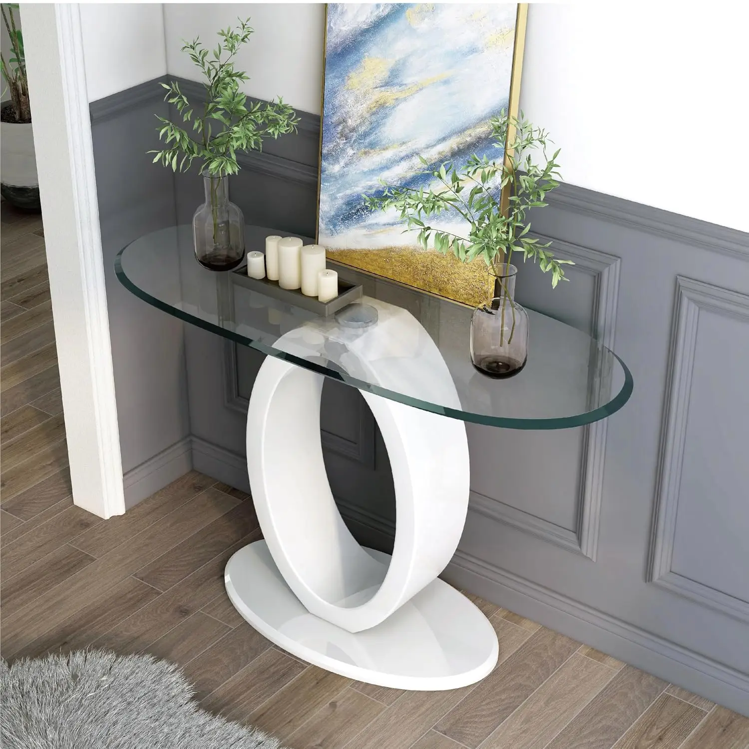 Contemporary Console Table Tempered Glass O-Shaped High Gloss Pedestal Entryway Hallway Living Room 47
