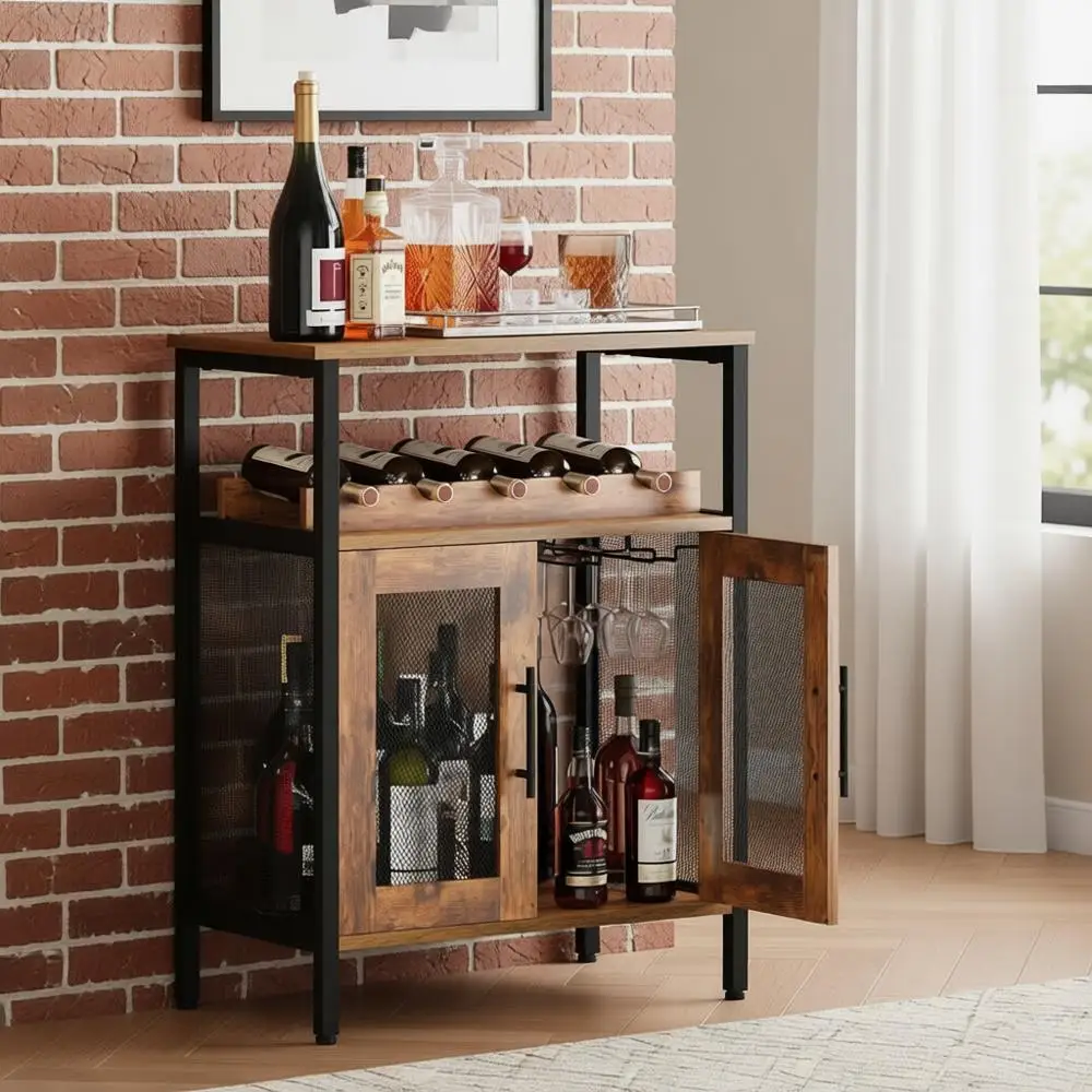 

Detachable Rack Wine Cabinet, Glass Holder Coffee Bar, Compact Sideboard, Mesh Door Buffet Cabinet - Rustic Brown