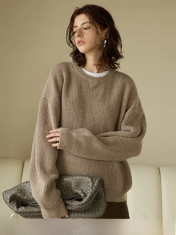 

Sauce Purple Women's round Ne Striped Knit Sweater Loose Vintage Autumn Winter Top Comfortable Polyester Wool Blend