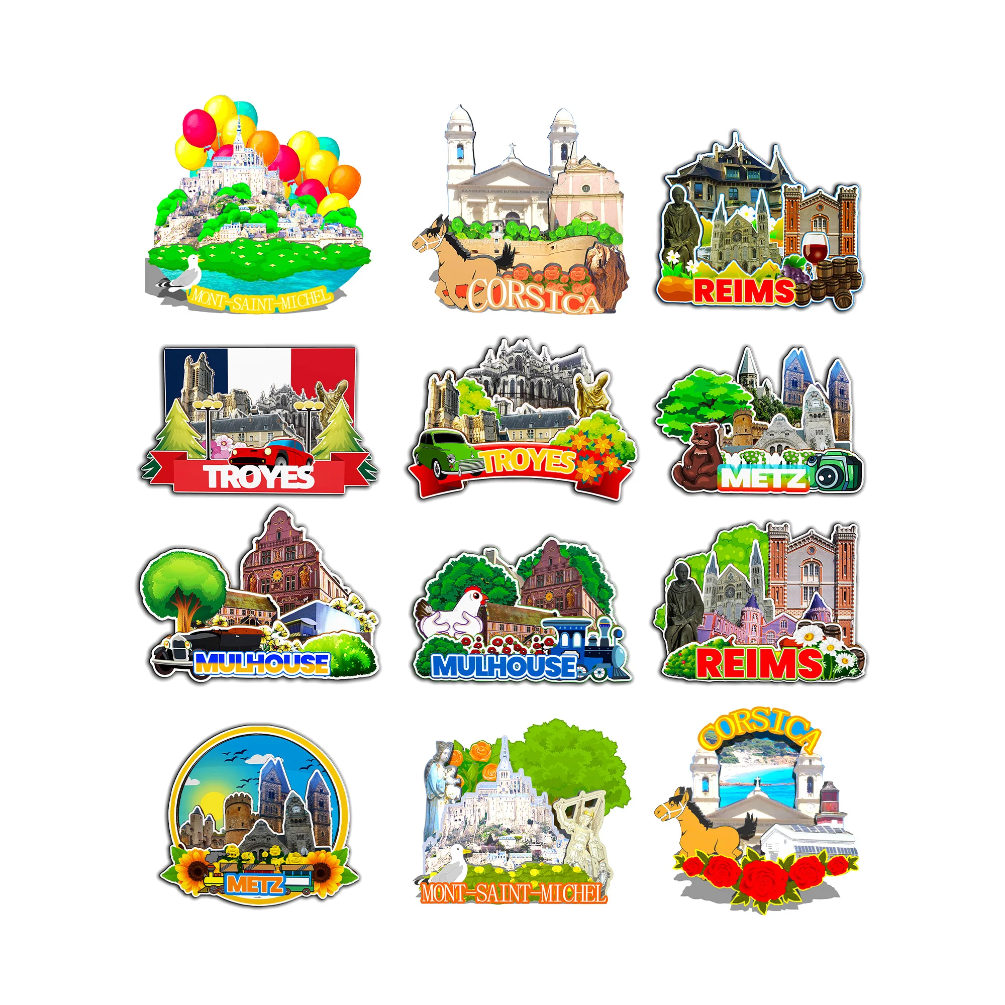 Imanes decorativos para Mont Saint Michel Corsica Reims Metz Mulhouse Troyes Francia ciudad punto de referencia recuerdos únicos regalos