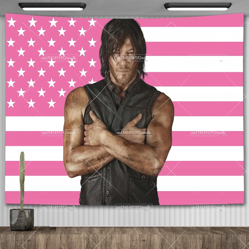 Norman Reedus Pink American Flag Tapestry Aesthetics R-Reedus Tapestry Wall Hanging College Dorm Room Decor Flags Banners