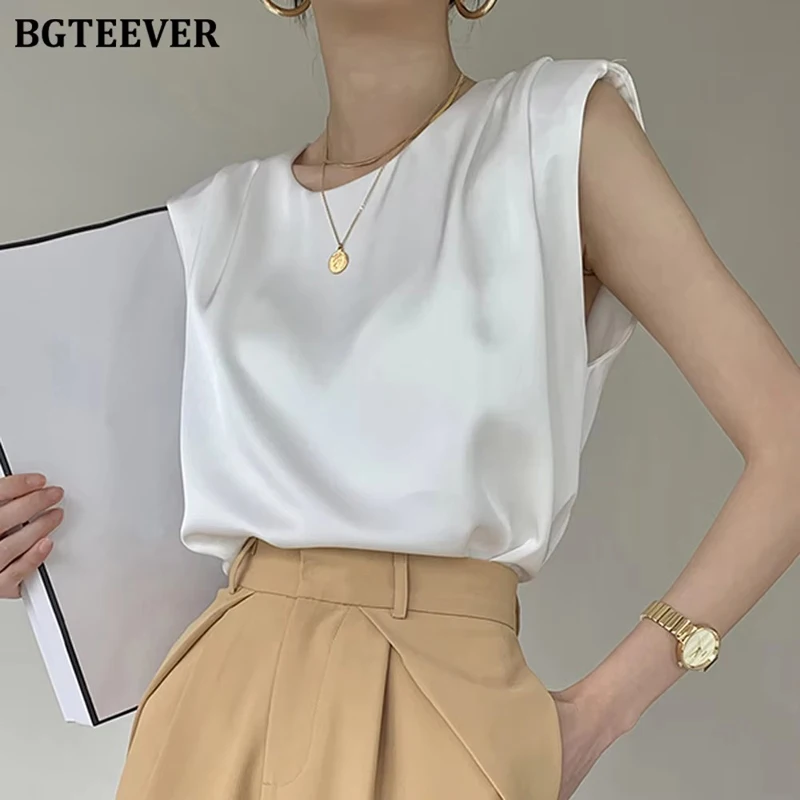 

BGTEEVER Stylish Chic O-neck Women Satin Blouses Spring Summer Loose Female Sleeveless Tops Elegant Ladies Blusas