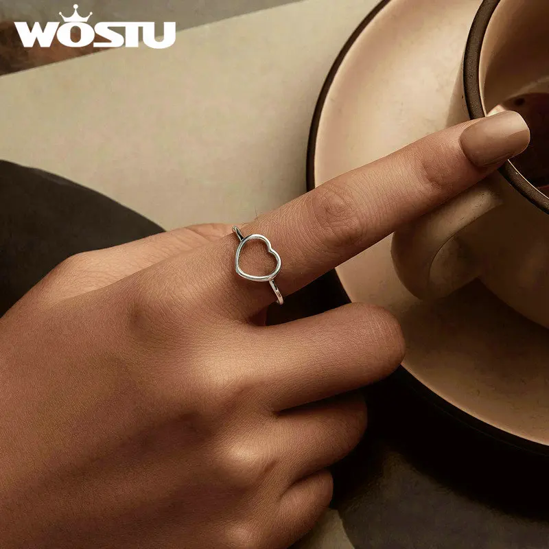 WOSTU Original 925 Sterling Silver Heart Joint Ring 18K Gold Plated Finger Ring For Women Lover Ring Fine Jewelry Dating Gift