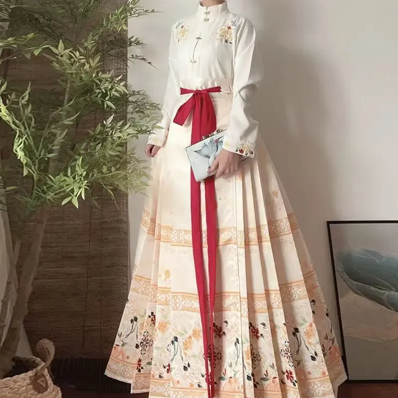 Set rok Outifits wanita, Rok wajah kuda Hanfu Tiongkok gaya etnik pakaian wanita Vintage baru dua potong