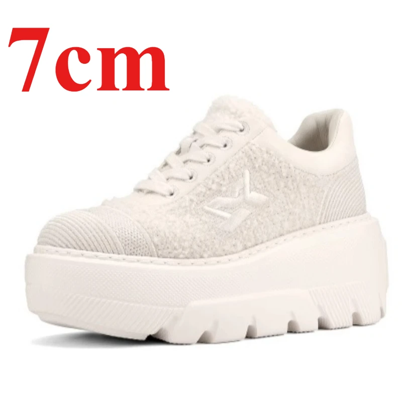 

Genuine Leather Wool Splicing Thick Soled Height Increasing Shoes Women's 7cm Platform Comfortable Breathable White Casual Shoes