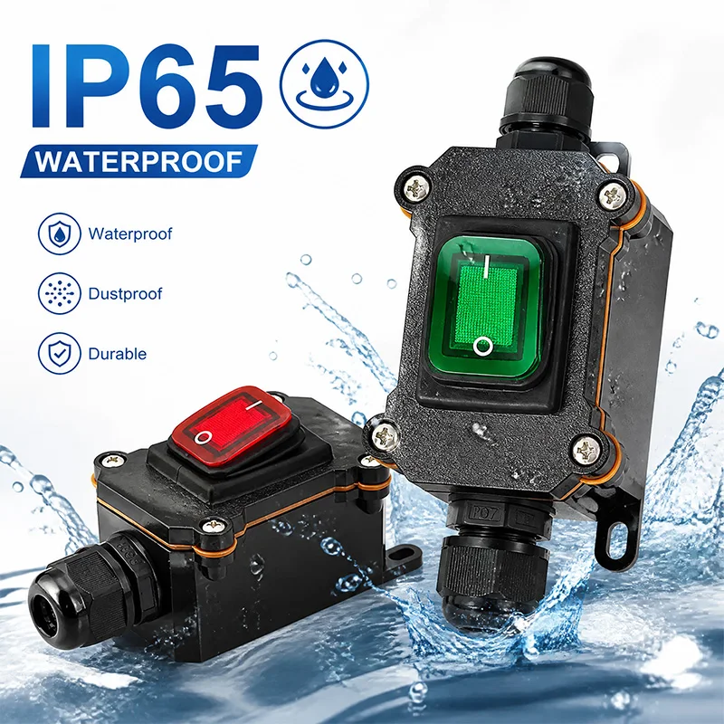 IP65 Waterproof Rocker Switch Box On Off Inline Cable Control Switchboard with PG7 Gland Red Green Lighted Button for Outdoor