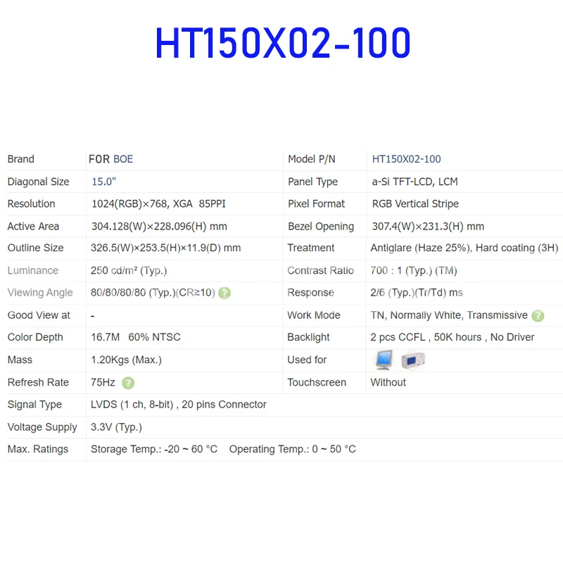 BOE 브랜드 오리지널 LCD 디스플레이 스크린 패널, P-HT150X02-100 15.0 인치, 빠른 배송