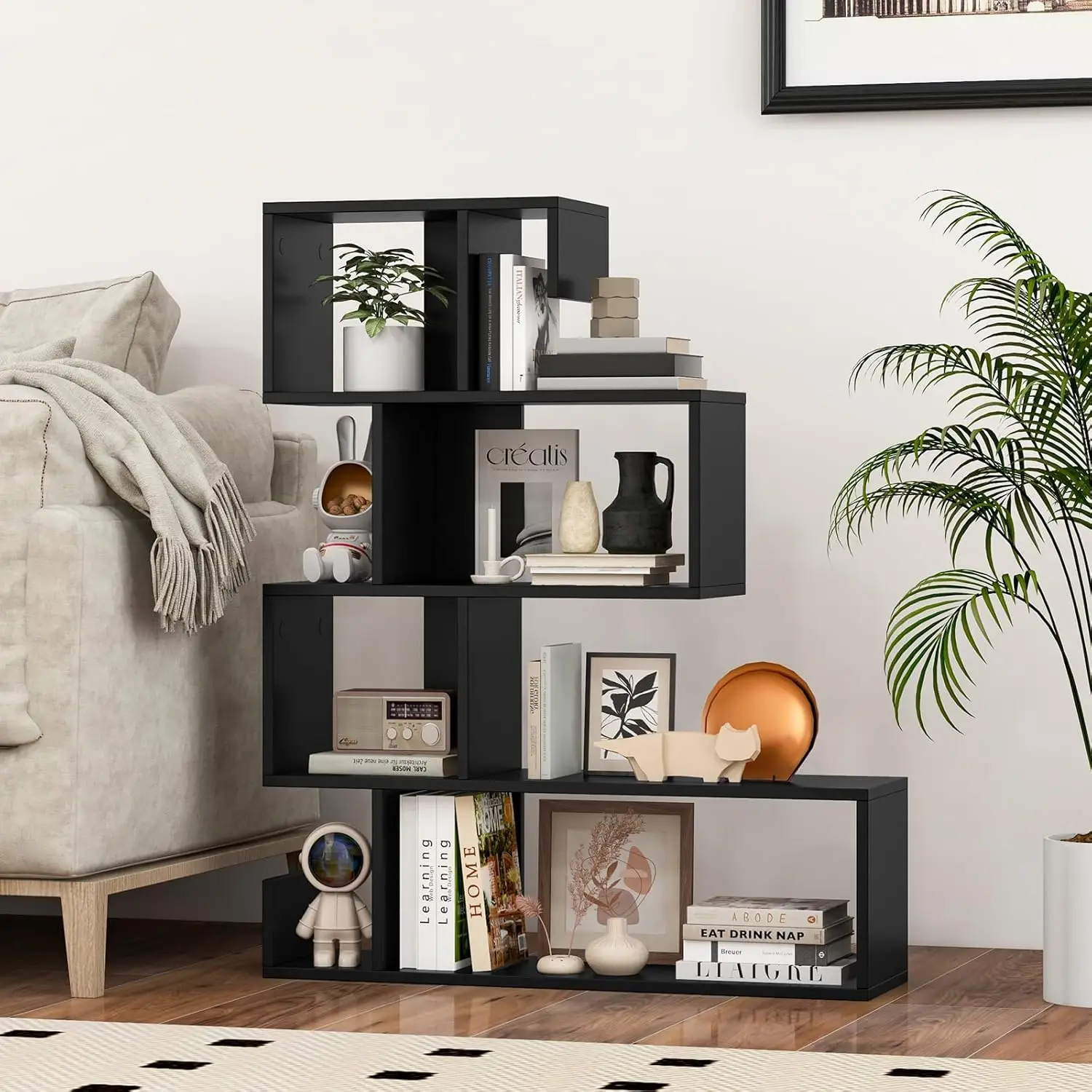 5-Tier S-Shaped Bookshelf, Geometric Bookcase w/Open Cubes, Modern Decorative Display Shelf w/Anti-Toppling Kits,