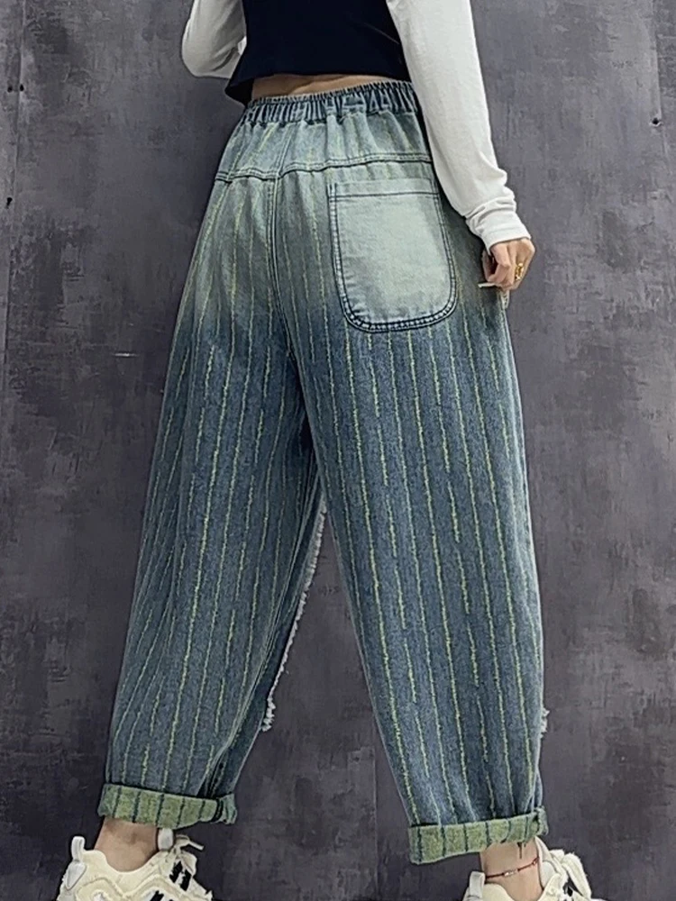 Max LuLu Fashion Striped Spring Ladies Jeans Luxury Vintage Elegant Leisure Harem Trousers Classic Harajuku Ripped Denim Pants