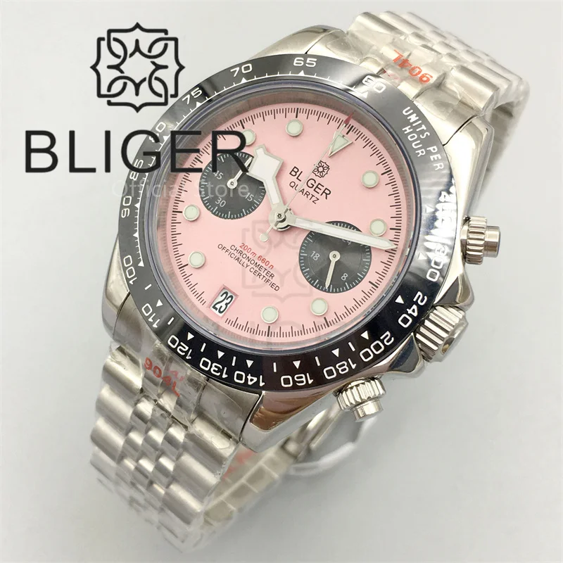 BLIGER-Relógio cronógrafo de quartzo lunar masculino, VK64, vidro safira, preto, mostrador rosa com 5 ponteiros, verde luminoso, 6 O'clock Date, 39mm