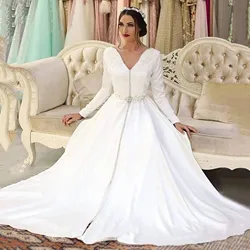 White Satin Caftan Morocca Evening Dress Long Sleeves Appliques Customized Islamic Dubai Saudi Arabic Evening Dress Prom Dress