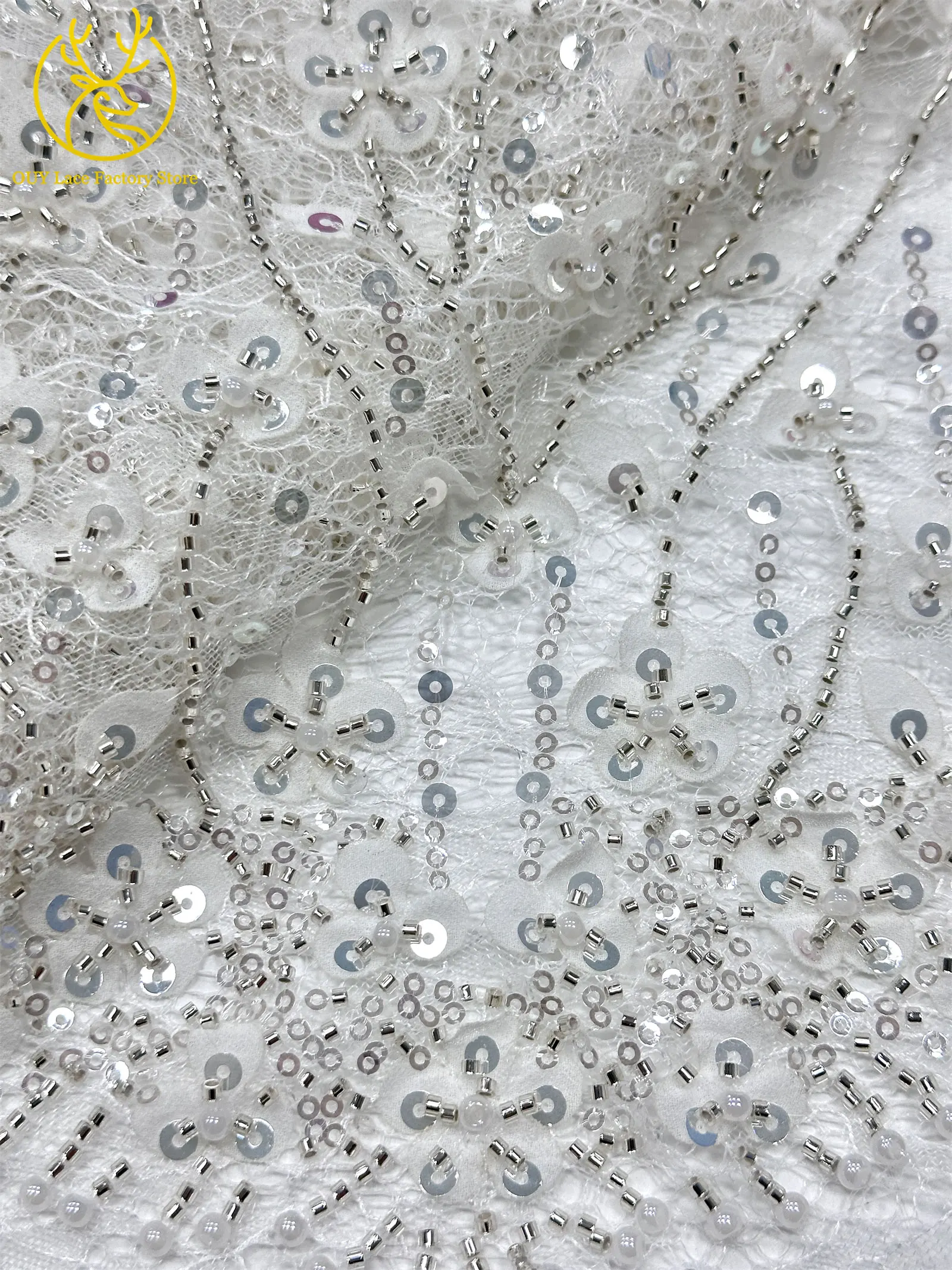 Olivgrüner afrikanischer Brautkleid-Spitzenstoff 2026, hochwertige nigerianische Pailletten-Stickerei-Spitze für Brautkleider und Partykleider zum Nähen – Detail 15
