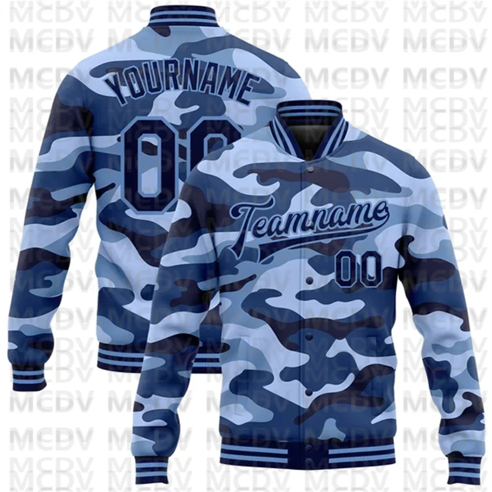 

Custom Camo Navy-Light Blue Ocean Camouflage 3D Bomber Full-Snap Varsity Letterman Salute To Service Jacket