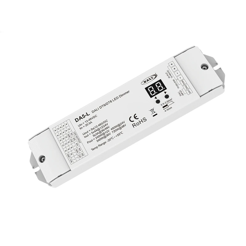DA5-L (DT6/DT8) DALI LED Dimmer 5CH*4A DC12V-48V Controller For RGBCCT RGB Dual Color Single Color LED Strip Light