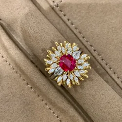 Foydjew Italian Retro Jewelry Geometric Design Gold Color Rings Inlaid Red Corundum Zircon Rings Removable Ring For Women
