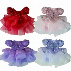 Purple Flower Girls Dresses Beading Puffy Tulle Sleeves Puffy Wedding Party Kids Birthday GIFT First Communion Gowns