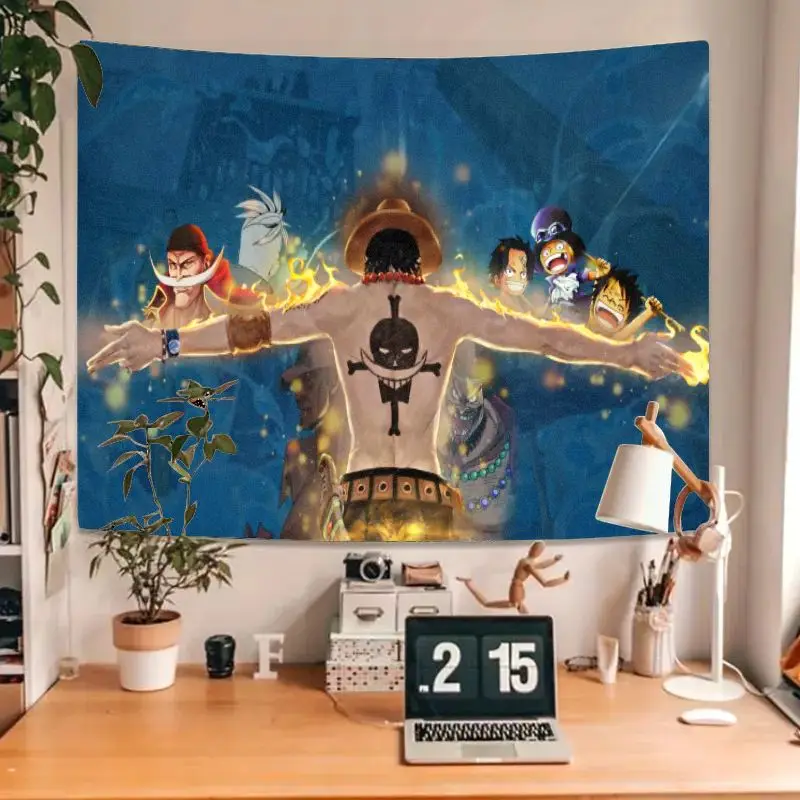 1PC One Piece Ace Flaming Cross Tattoo Anime Tapestry Large Blue Tapestry with Characters Wall Art for Bedroom Living Room Decor
