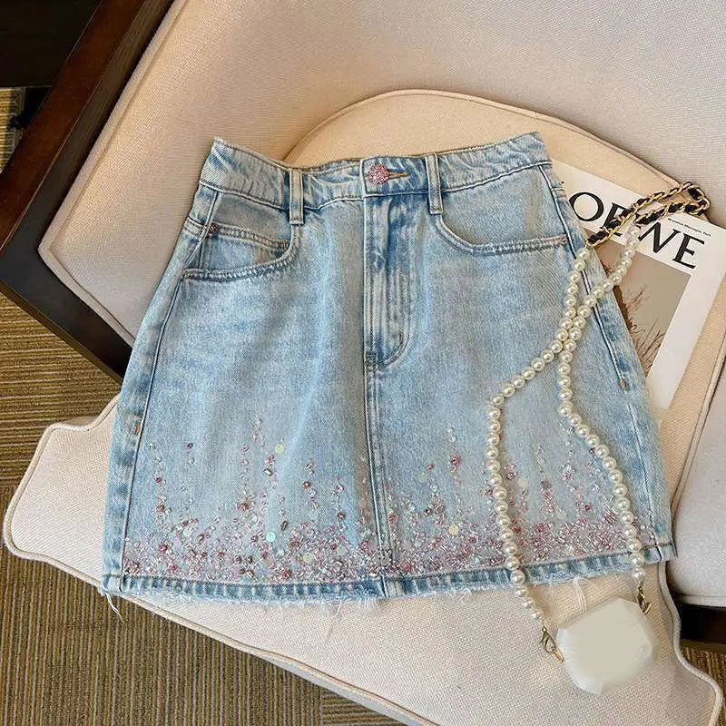 High-grade Nail Bead Hot Drilling High-waisted Denim Short Skirt Female Summer Thin Anti-exposure Hip A-shaped Skirt