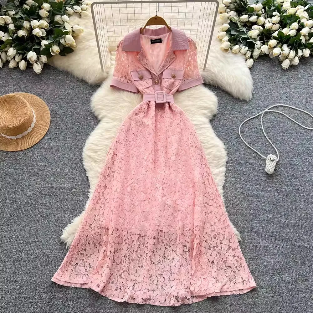 

Luxury Lace Formal Evening Dress Summer Women V-Neck Collar Pockets Single Breasted Belt Short Sleeve Long Dresses Party Vestido