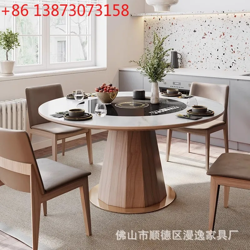 

Embedded round table Solid wood rock slab dining table Hot pot induction cooker Multifunctional dining table Embedded turntable