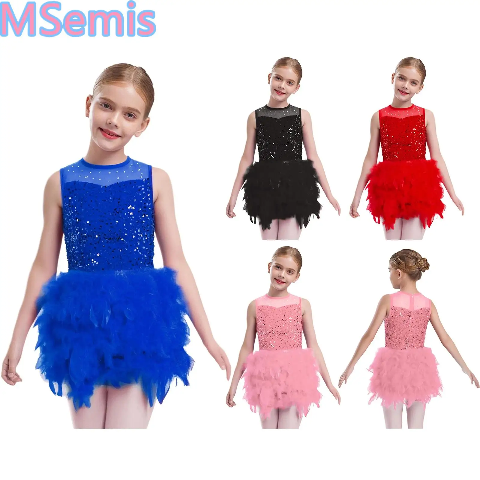 Kids Girls Feather Velvet Dance Dress Sleeveless Back Invisible Sheer Mesh Patchwork Shiny Sequins Dress with Built-in Briefs