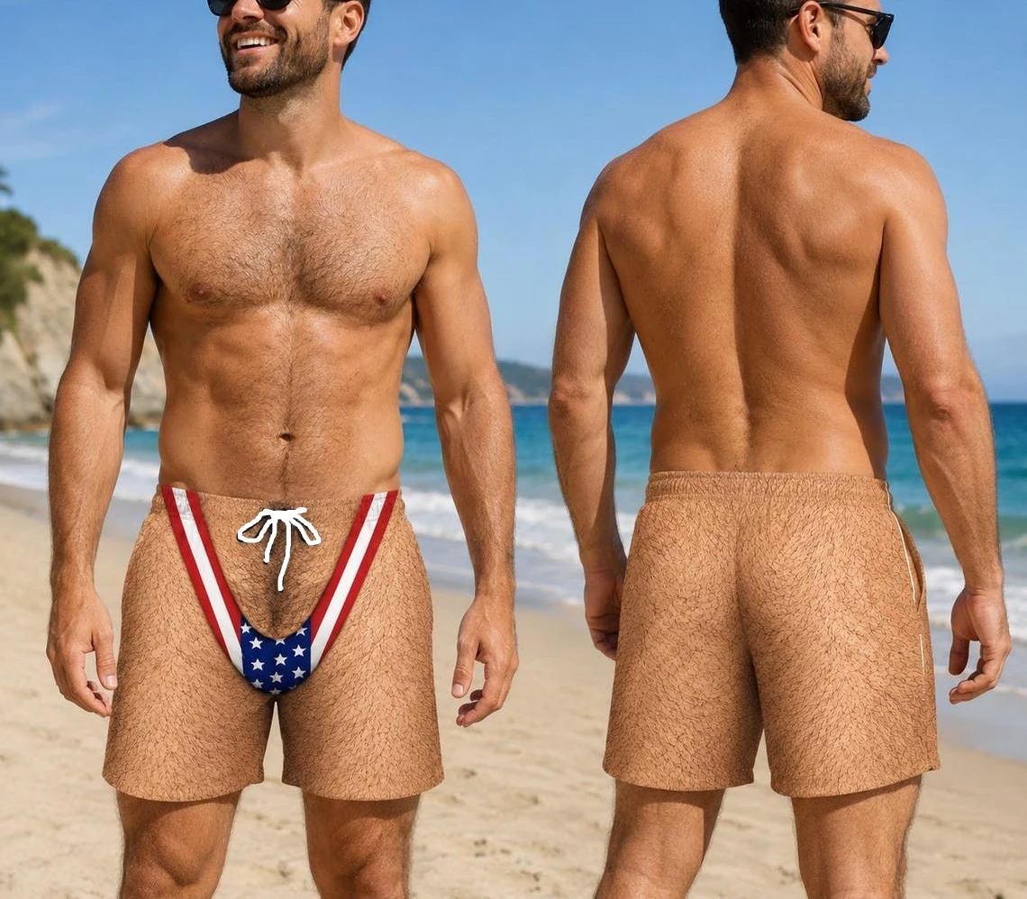 Men Swim Trunks, Funny Patriotic Swim Shorts, USA Style Flag Print Bathing Suit Novelty Summer Beach Shorts Cheeky Beach Shorts