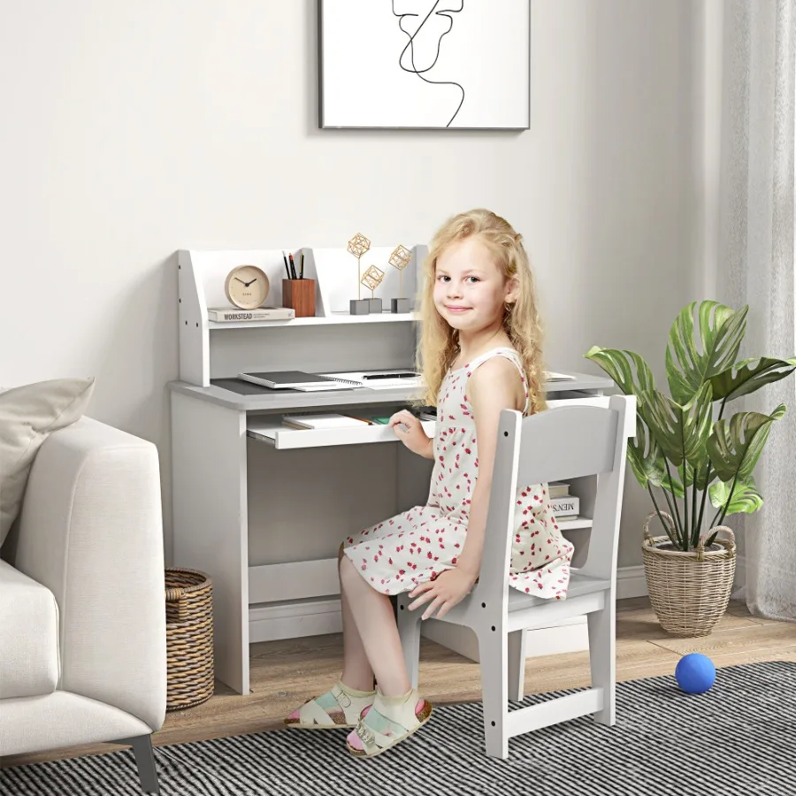 Qaba Desk and Chair Set with Storage Study Desk with Chair for 5-8 Years Old Gray