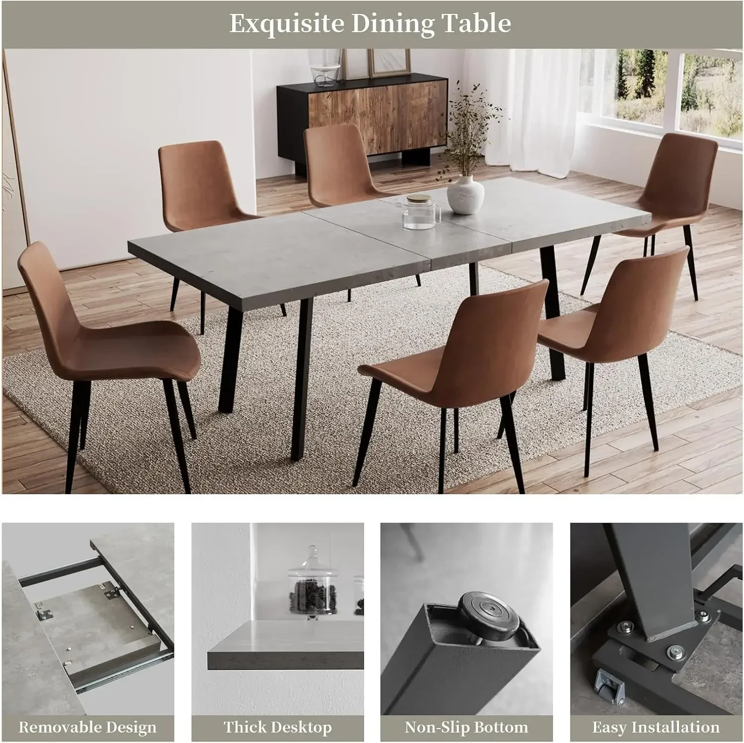 7 Piece Dining Table Set, 62 Inch Modern Kitchen Table with 6 Dining Chairs for 4-6 Person, Expandable MDF Dining Table