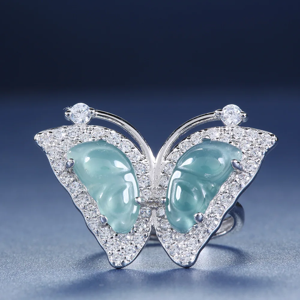 

18K Gold Inlaid Natural Hazardous Material Blue Water Jade Butterfly Ring Summer Fresh Platinum PT950 Diamond Jewelry