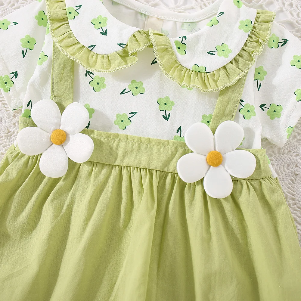 (0-3 Years Old) Summer Baby Girl Cotton Flower Fake Two-Piece Shoulder Strap Dress Girl Cute Short Sleeved Dress