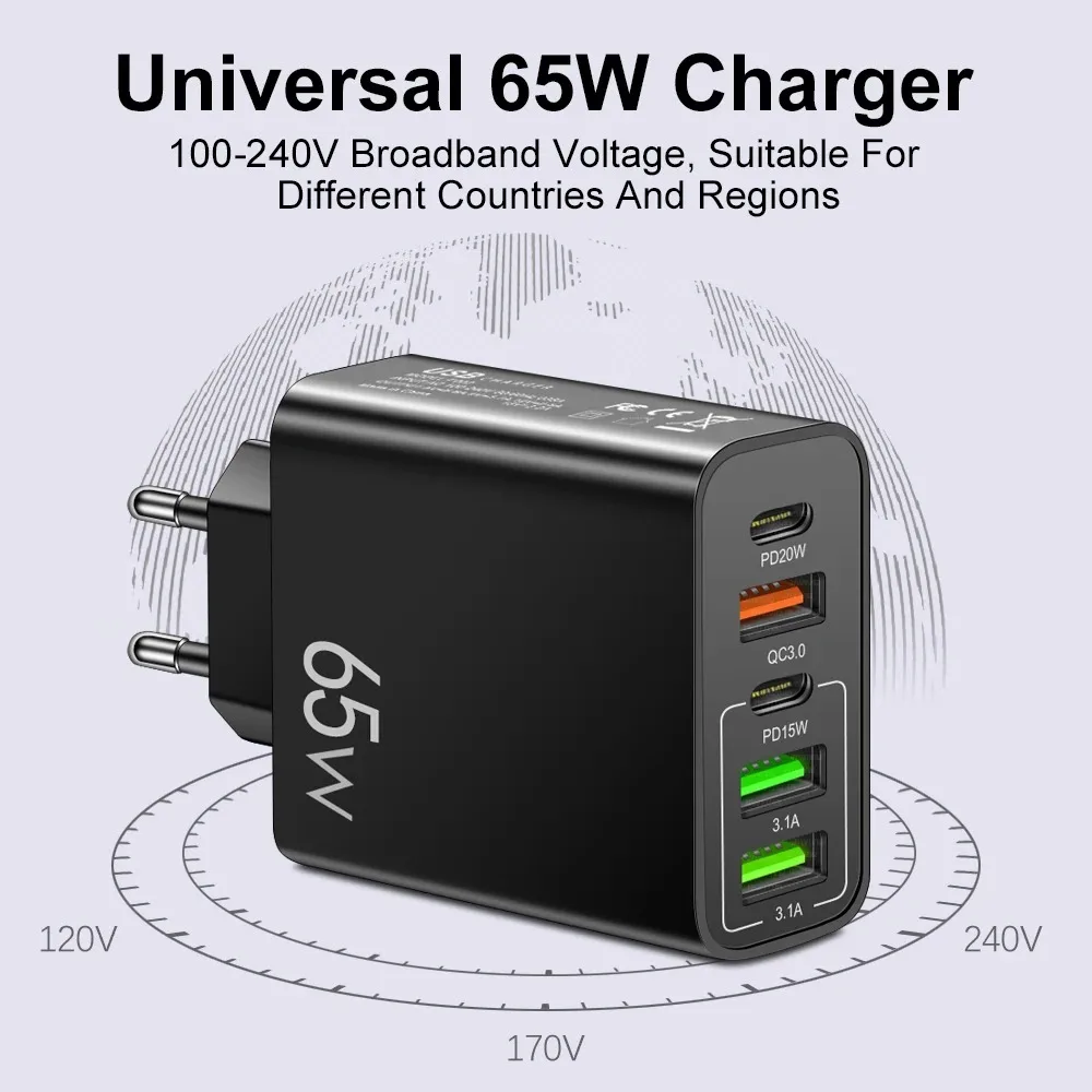 Total 65W USB C Charger Type C PD Mobile Phone Adapter 5 Ports Fast Charging For iPhone Samsung Xiaomi Quick Charge Wall Charger image 5