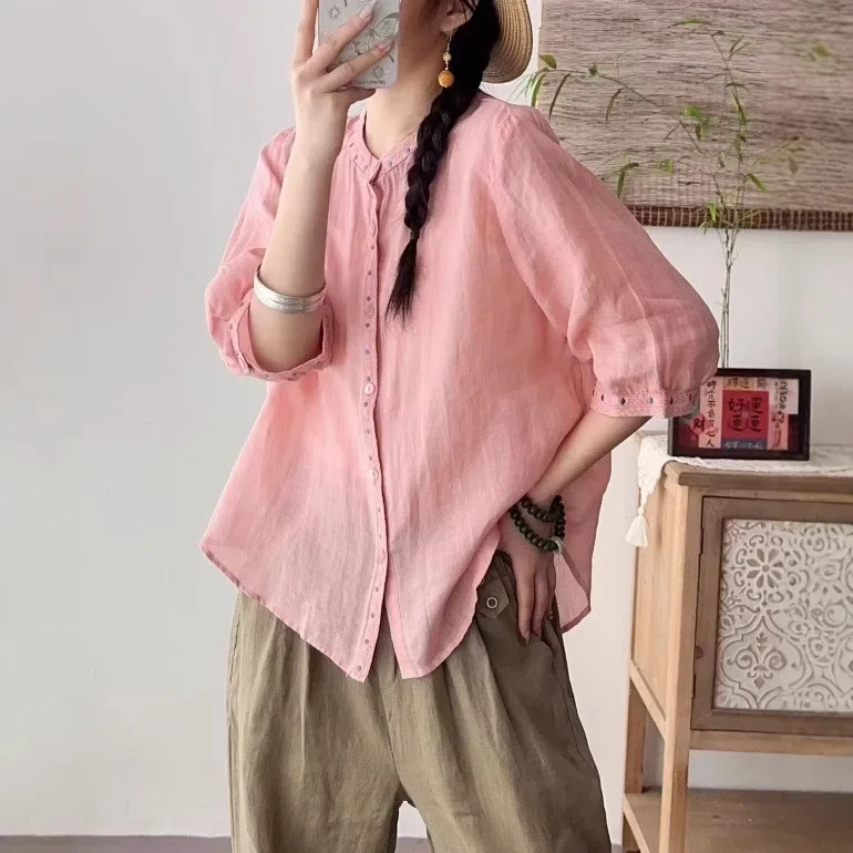 

2025summer new shirt women's temperament five-quarter-sleeved top women's retro literary embroidered small stand-up collar shirt