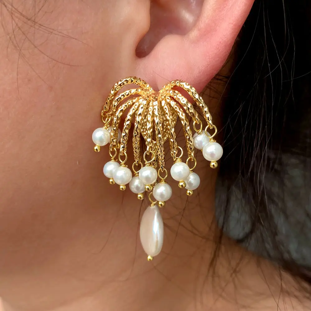 

Firework shape 5mm potato pearl Natural Freshwater Pearl Gold Plated stud Earrings