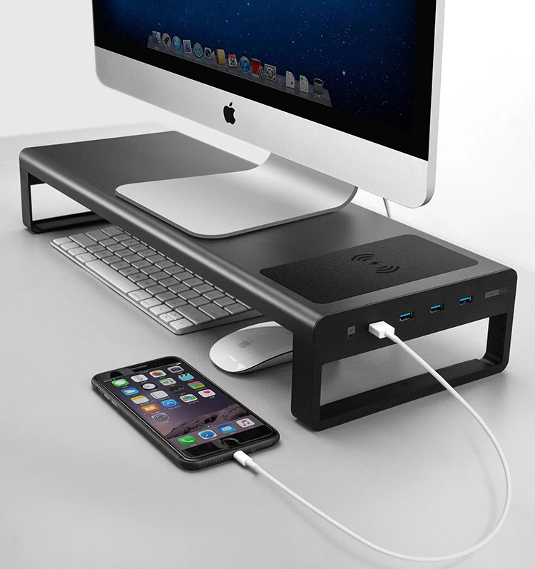 

Customize 4 Ports usb 3.0 Metal monitor table with 15w wireless charger tablet holder laptop stand