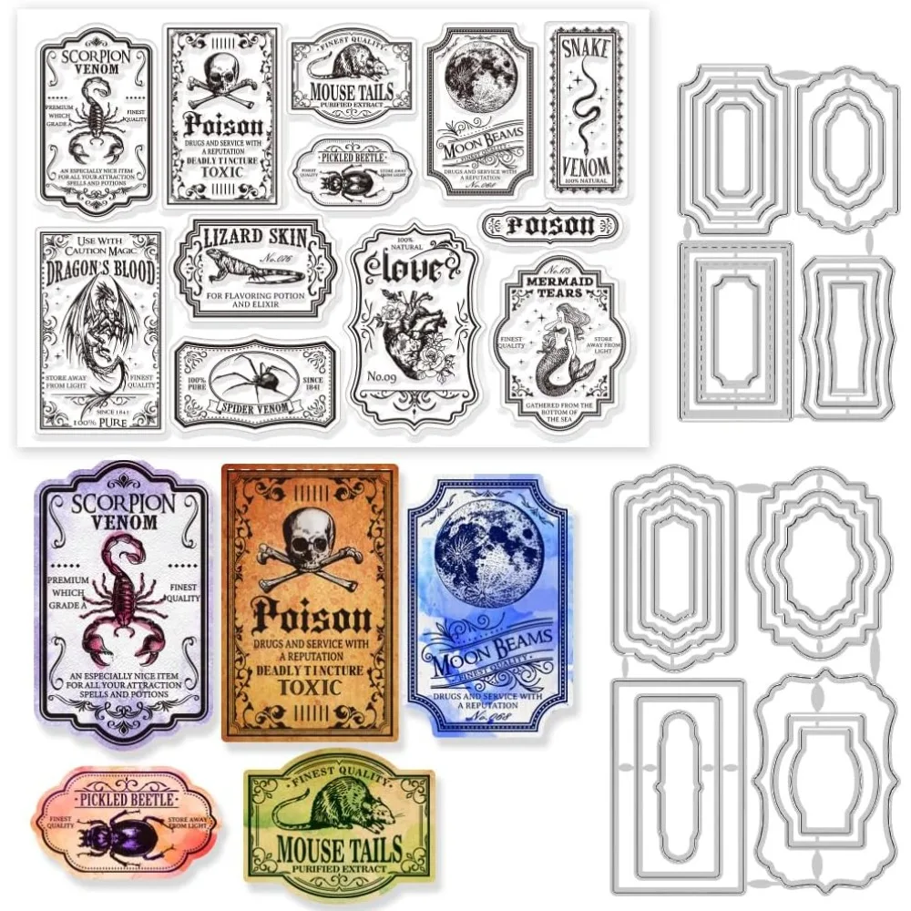 Label Clear Stamps Scorpion Mermaid Spider Frame Cutting Dies Set Silicone Transparent Stamp Metal Die Cuts making kit