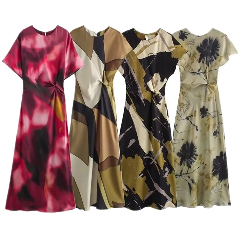 Ele Silk Satin Print Midi Dr Autumn New Arrival Women's Faion Dr ort Sve Single Piece Fine Sle 2024