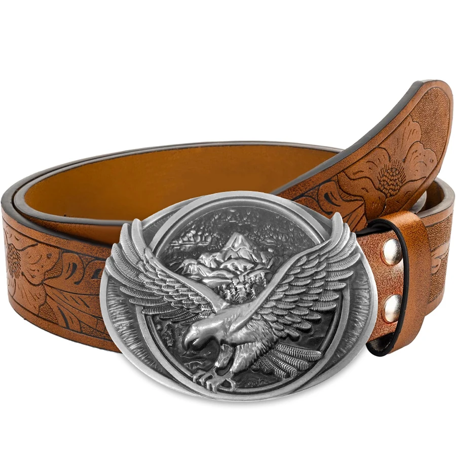 Silver eagle buckle head belt, exquisite carved large plate buckle alloy buckle head, unisex - irregular pattern carved floral l