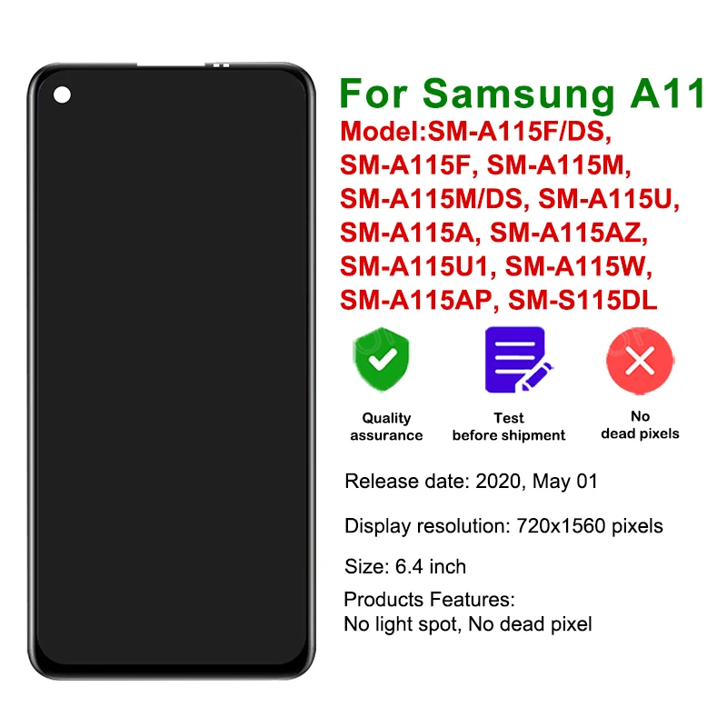 6.4'' LCD For Samsung Galaxy A11 A115F A115F/DS Display Touch Screen Digitizer Assembly With Frame New Replacement Repair Parts