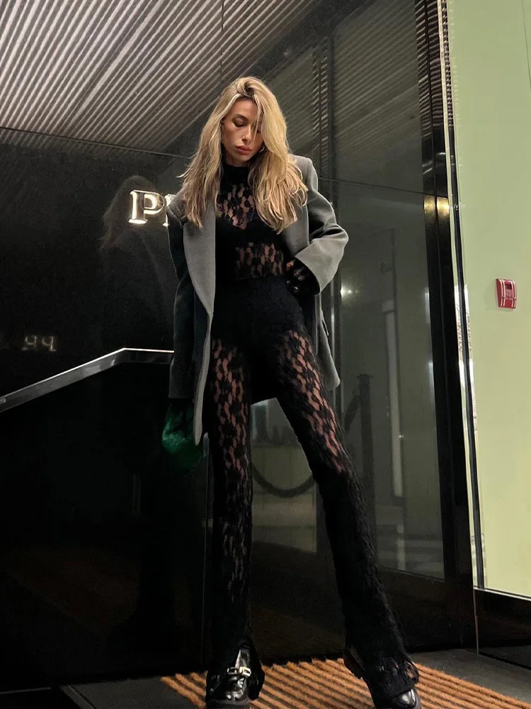 HH 2 pezzi set di pantaloni in pizzo per le donne tendenza moda scava fuori tute slim + pantaloni svasati leggings lunghi da donna versatili