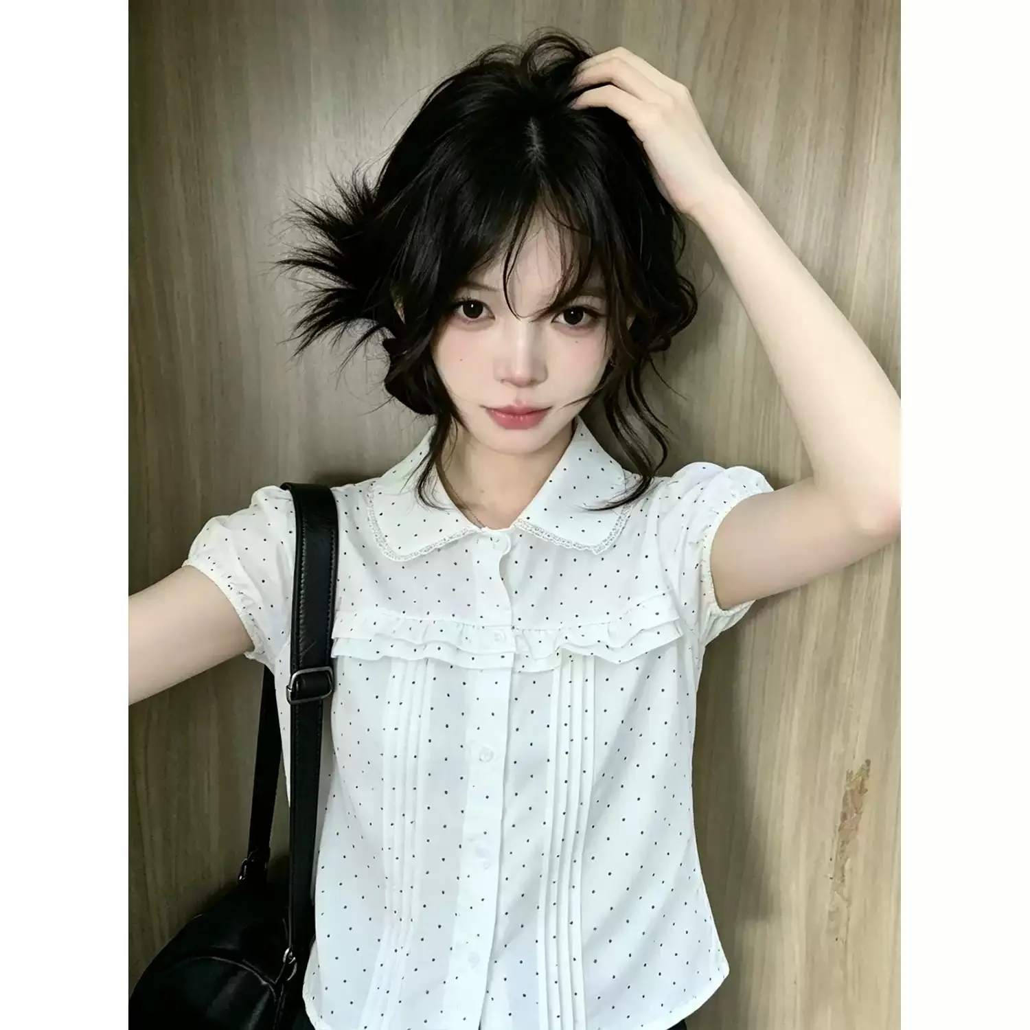 Süßes Mädchen Kawaii T-Shirt Damen Lässiges Süßes Kurzarm-Shirt mit Polka Dots Puppenkragen Spitze Japanischer Harajuku Bluse Sommer
