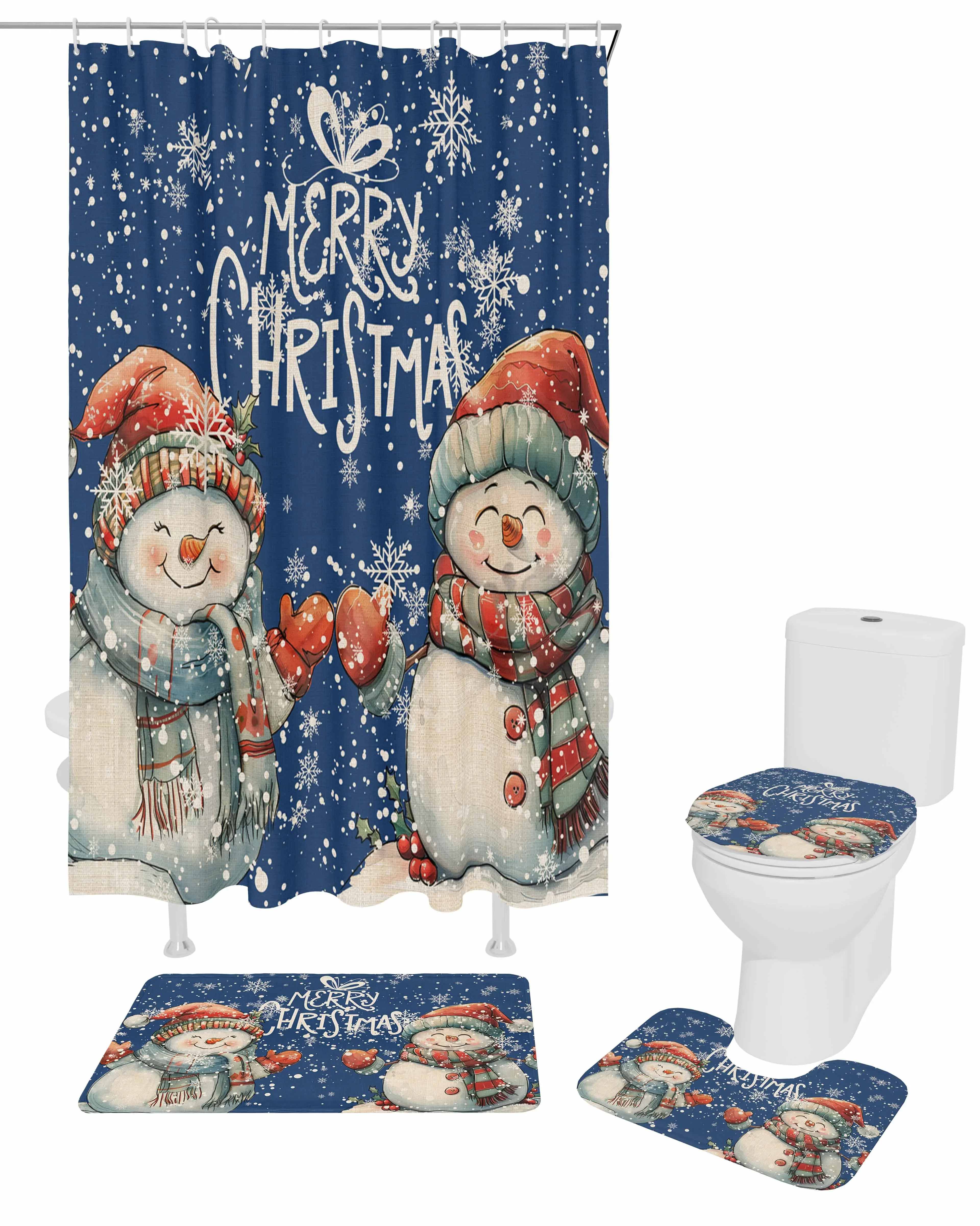 Vintage Snowman Polyester printed shower curtain bathroom set luxurious curtainsabstract 4-piece setcoral fleece floor mat