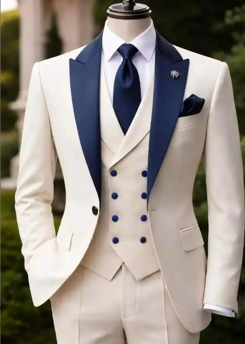 Navy Blue Satin Peak Lapel Men 3 Piece Tuxedo Suit Jacket Double Breasted Formal Groom Wedding Tuxedo Outfit Banquet Customized